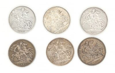 A COLLECTION OF SIX VICTORIAN SILVER CROWNS dated 1887, 1889 and 1893, each with St George and 