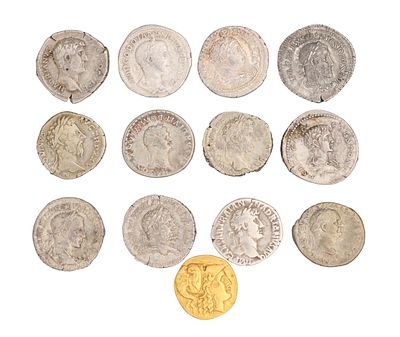 A COLLECTION OF SILVER ROMAN COINS AND ONE GOLD COIN comprising eleven silver examples and one 