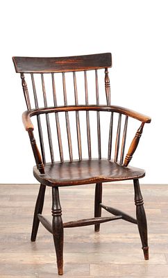 AN 18TH CENTURY ASH AND ELM STICK-BACK WINDSOR ARMCHAIR having a shaped top rail above a bowed 