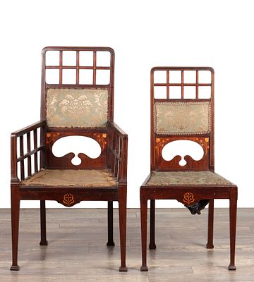 A SET OF THREE LATE 19TH CENTURY ARTS AND CRAFTS INLAID MAHOGANY CHAIRS comprising an open 