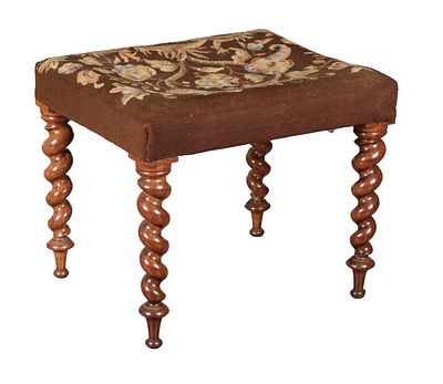A 19TH CENTURY WALNUT DRESSING STOOL with a floral needlework upholstered cushion seat raised 
