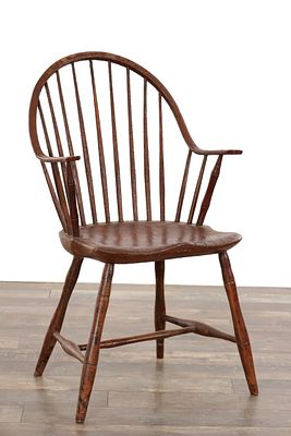 AN 18TH CENTURY WEST COUNTRY PAINTED STICK BACK ARMCHAIR with a continuous hoop back and 