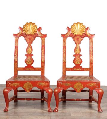 A PAIR OF 19TH CENTURY SCARLET LACQUERED CHINOISERIE SIDE CHAIRS WITH SHELL CRESTING AND CANED 
