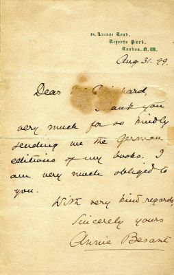 BESANT ANNIE: (1847-1933) British Socialist, writer and Women's Rights Activist. A.L.S., Annie 