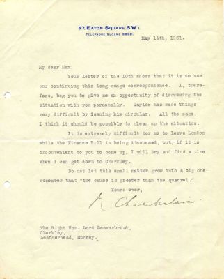 CHAMBERLAIN NEVILLE: (1869-1940) British Prime Minister 1937-40. An intriguing T.L.S., N. 