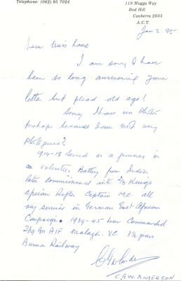 ANDERSON CHARLES G. W.: (1897-1988) South African-born Australian Lieutenant Colonel of World 