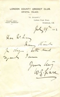 GRACE W.G.: (1848-1915) English cricketer. Brief A.L.S., W. G. Grace, one page, 8vo, Sydenham 