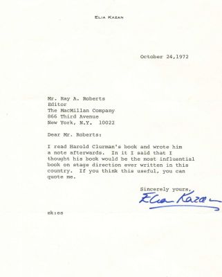 KAZAN ELIA: (1909-2003) American film and theatre director, Academy Award winner. T.L.S., Elia 