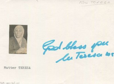 TERESA MOTHER: (1910-1997) Albanian Roman Catholic Nun, Nobel Peace Prize winner, 1979. Signed 