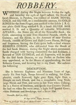 [CRIME]: A printed broadside entitled Robbery, one page, small 4to, Newcastle, 30th April 1807. 