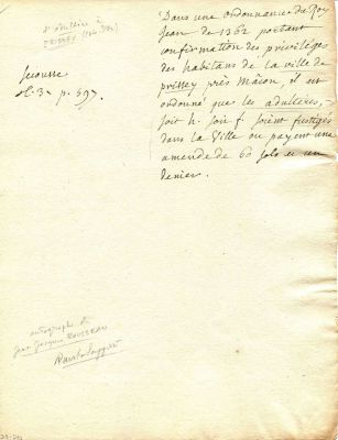 ROUSSEAU JEAN-JACQUES: (1712-1778) French Writer and Philosopher. An interesting autograph 