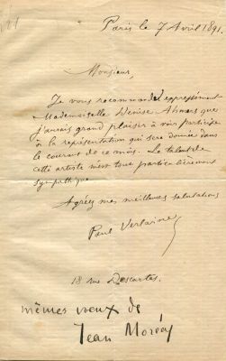 VERLAINE PAUL: (1844-1896) French Poet. Considered one of the greatest in French poetry. A.L.S. 