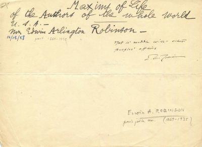 ROBINSON EDWIN ARLINGTON: (1869-1935) American Poet. Robinson won on three occasions the 