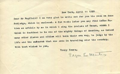 MASTERS EDGAR LEE: (1868-1950) American poet, biographer, dramatist & attorney. T.L.S., Edgar 