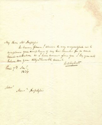 SCOTT WALTER: (1771-1832) Scottish Novelist. A.L.S., Walter Scott, one page, 4to, Paris, 9th 