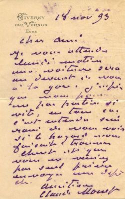 MONET CLAUDE: (1840-1926). An attractive letter on 