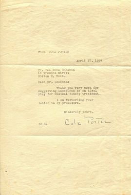PORTER COLE: (1891-1964) American Composer and Songwriter. T.L.S., Cole Porter , one 