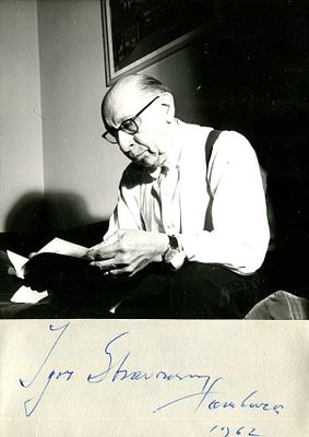STRAVINSKY IGOR: (1882-1971) Russian composer, conductor and pianist. Blue ink signature ( 