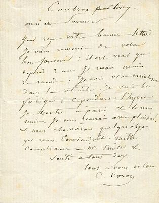 COROT JEAN-BAPTISTE-CAMILLE: (1796-1875) French landscape and portrait painter. A.L.S., ` C 