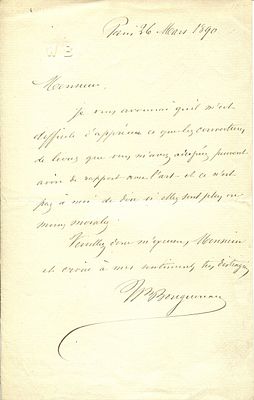 BOUGUEREAU WILLIAM: (1825-1905) French painter. A.L.S., Wm. Bouguereau , one page, 8vo, 