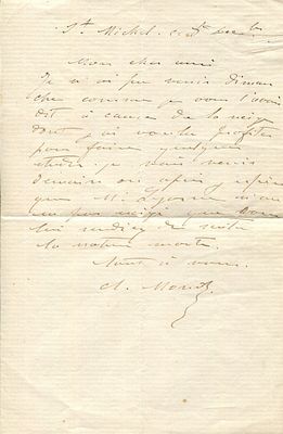 MONET CLAUDE: (1840-1926) Monet&acute; s last known letter to his friend Bazille. MONET CLAUDE: 