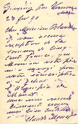 MONET CLAUDE: (1840-1926) Monet accepts a donation towards the purchase of Manet&acute;&acute; s Olympia. MON 