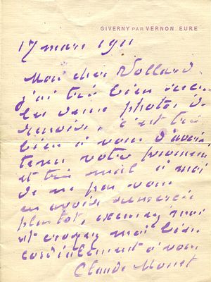 MONET CLAUDE: (1840-1926) A rare letter of Monet to Vollard, referencing Renoir. MONET CLAUDE: 