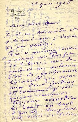 MONET CLAUDE: (1840-1926) Monet makes a plea to Clemenceau to help protect his beloved gardens. M 