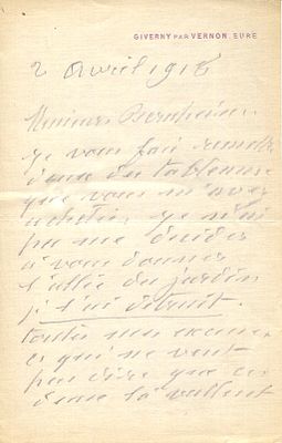 MONET CLAUDE: (1840-1926) &acute; I couldn't bring myself to give you L'All&eacute;e du Jardin. I destroyed it&acute;. 