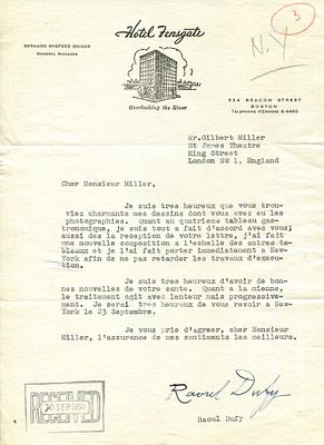 DUFY RAOUL: (1877-1953) French Fauvist painter. T.L.S., Raoul Dufy , one page, 4to, 