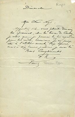 ROPS FELICIEN: (1833-1898) Belgian Printmaker Artist. Scarce A.L.S., ` F. R &acute;, one page, 