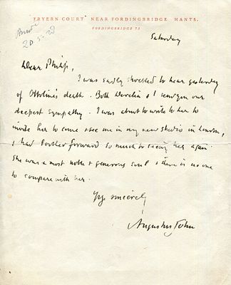 JOHN AUGUSTUS: (1878-1961) Welsh painter. A.L.S., Augustus John , one page, 4to, Fryern 