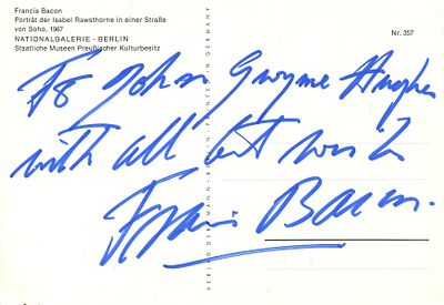 BACON FRANCIS: (1909-1992) Irish-born British painter. Signed and inscribed colour 4 x 6 