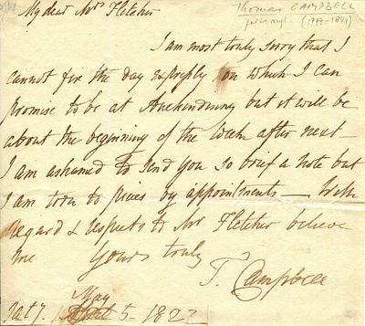 CAMPBELL THOMAS: (1777-1844) Scottish poet. A.L.S., T. Campbell , one page, 8vo, n.p., 5th 