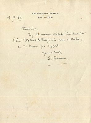 SASSOON SIEGFRIED: (1886-1967) English war poet, writer and soldier. A brief A.L.S., S. 