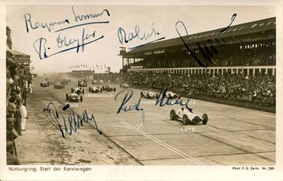 1939 GERMAN GRAND PRIX: A rare multiple signed vintage postcard photograph by six motor racing 