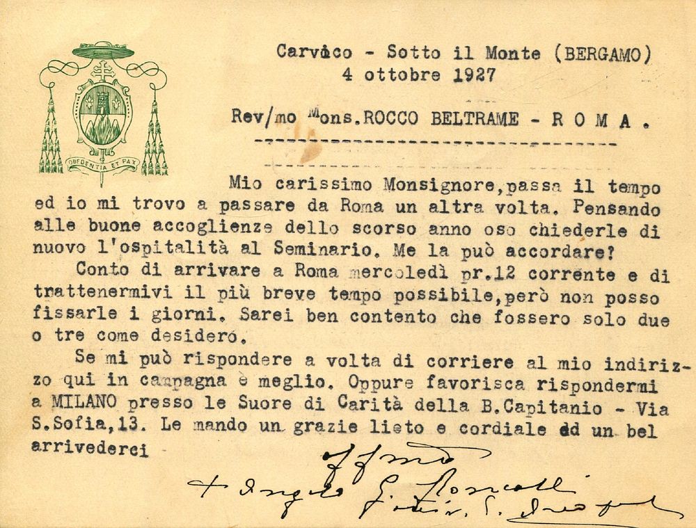 JOHN XXIII: (1881-1963) Pope of the Catholic Church 1958-63. T.L.S., + Angelo G. Roncalli , to 