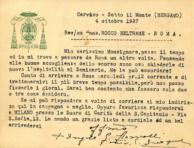 JOHN XXIII: (1881-1963) Pope of the Catholic Church 1958-63. T.L.S., + Angelo G. 