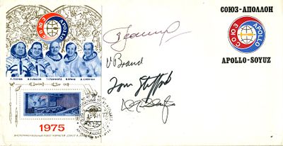 APOLLO-SOYUZ: A multiple signed commemorative cover (approximately 25 x 13 cm) by four of the 
