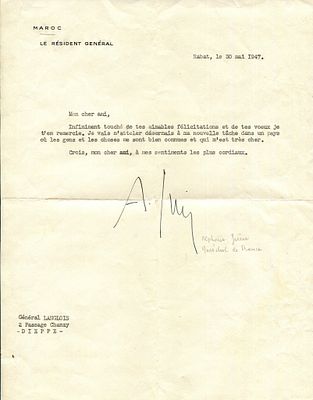 JUIN ALPHONSE: (1888-1967) French Marshal. T.L.S., `A. Juin&acute;, Rabat, 30th May 1947, to 