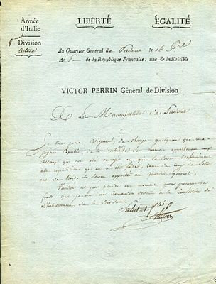 VICTOR-PERRIN CLAUDE: (1764-1841) Marshal of France. Duc de Belluno. D.S., `Salut et 