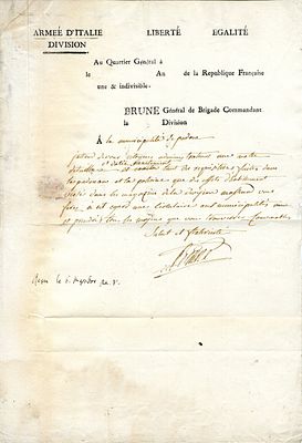 BRUNE GUILLAUME MARIE ANNE: (1763-1815) Marshal of France. Assassinated. D.S., Brune , one 