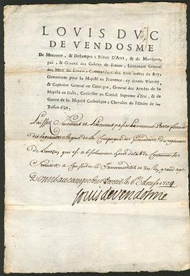 LOUIS JOSEPH DUKE OF VENDOME: (1654-1712) French general and Marshal of France. His name being 