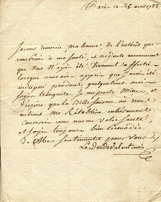 HONOR&Eacute; IV: (1758-1819) Prince of Monaco 1814-19. A.L.S., Le Duc de Valentinois , one page, 