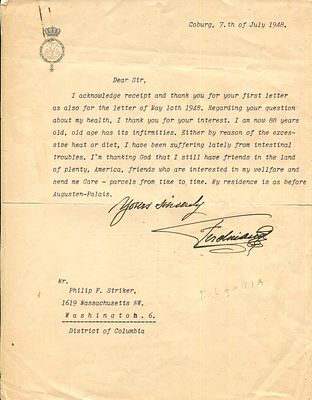 FERDINAND I: (1861-1948) Tsar of Bulgaria 1908-18. T.L.S., Ferdinand , one page, 4to, 