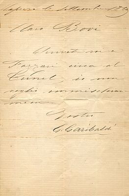 GARIBALDI GIUSEPPE: (1807-1882) Italian General and Politician, one of Italy's 'fathers of the 