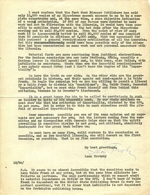 TROTSKY LEON: (1879-1940) Trotsky expresses concerns on the impartiality of the Dewey Commission. 