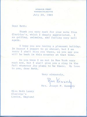 KENNEDY ROSE: (1890-1995) American Philanthropist and matriarch of the Kennedy family. Her 