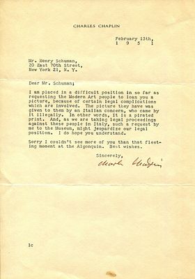 CHAPLIN CHARLES: (1889-1977) English film comedian, the recipient of Academy Honorary Awards in 