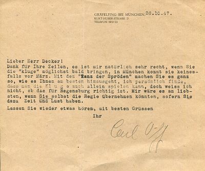 ORFF CARL: (1895-1982) German composer. T.L.S., Carl Orff , in pencil, one page, oblong 